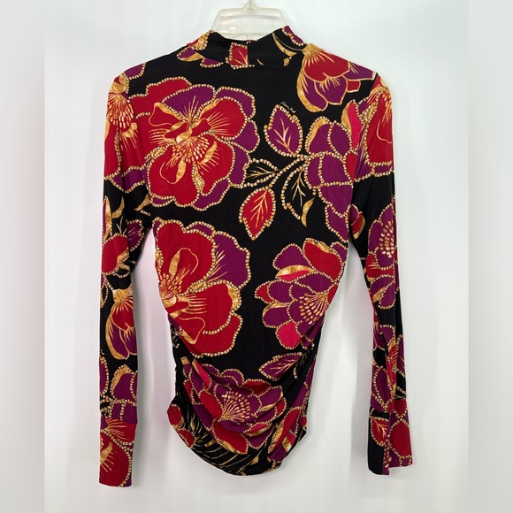 Farm Rio Floral Long Sleeve Jersey Top Shiny Chita Print Black Pink Orange Small - Picture 7 of 11